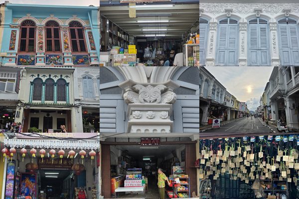 Nine real photographs of Phuket Old Town facades, street details and local shops